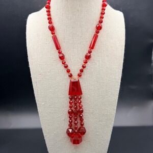 Art Deco Red Czech Glass Sautoir Necklace w Tassel Drop